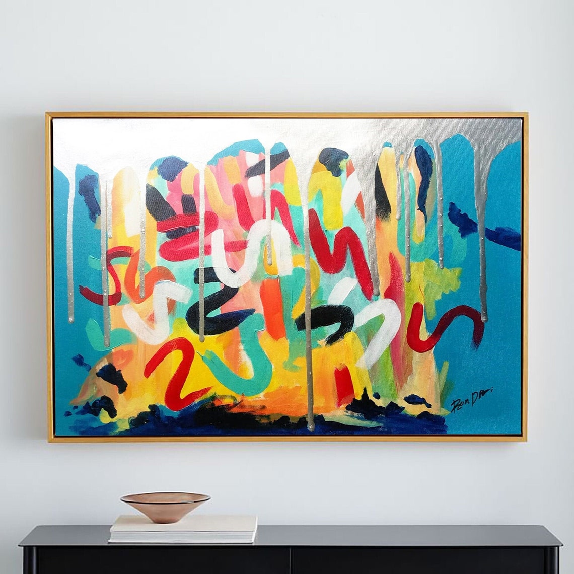 Blue Border Colorful Squiggle Drip Joyful Abstract Art Poster - Image 6