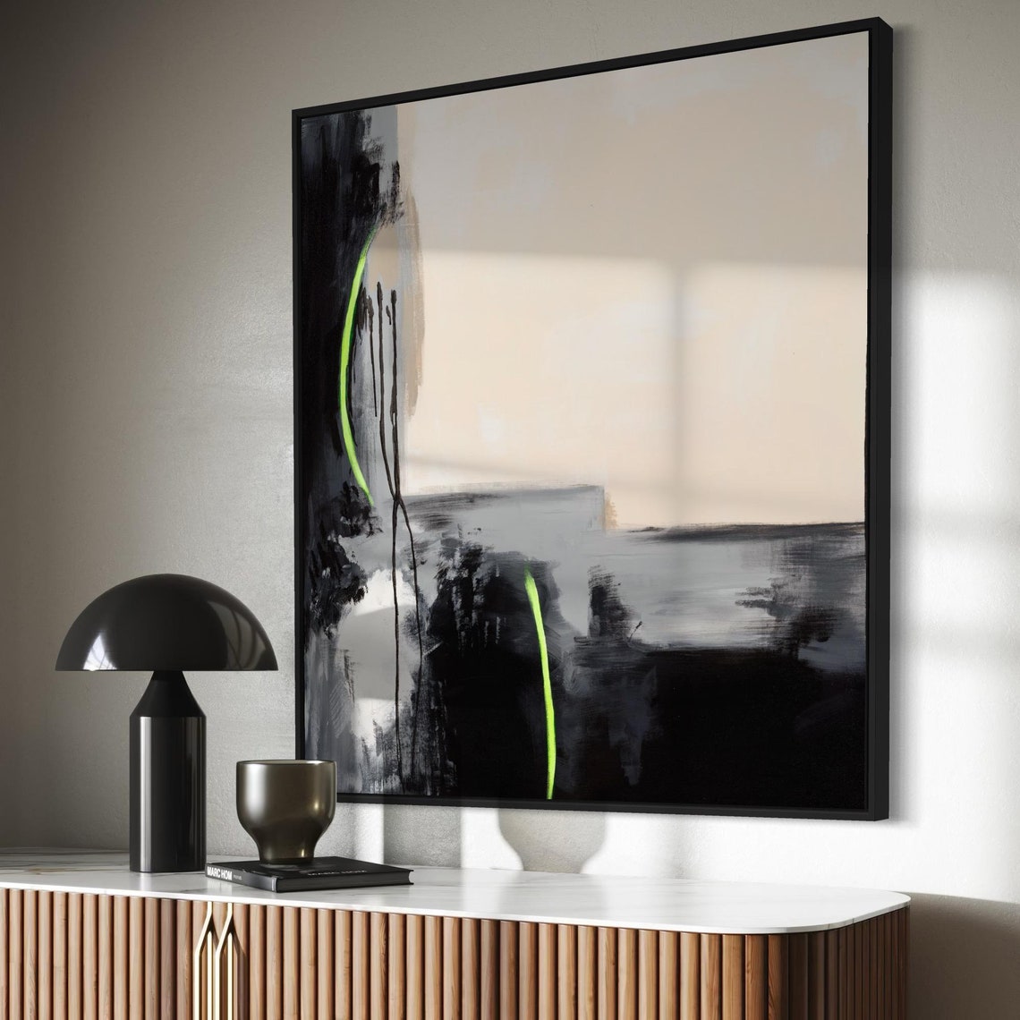 Minimalist Black Beige Abstract Poster with Neon Green Curved Lines