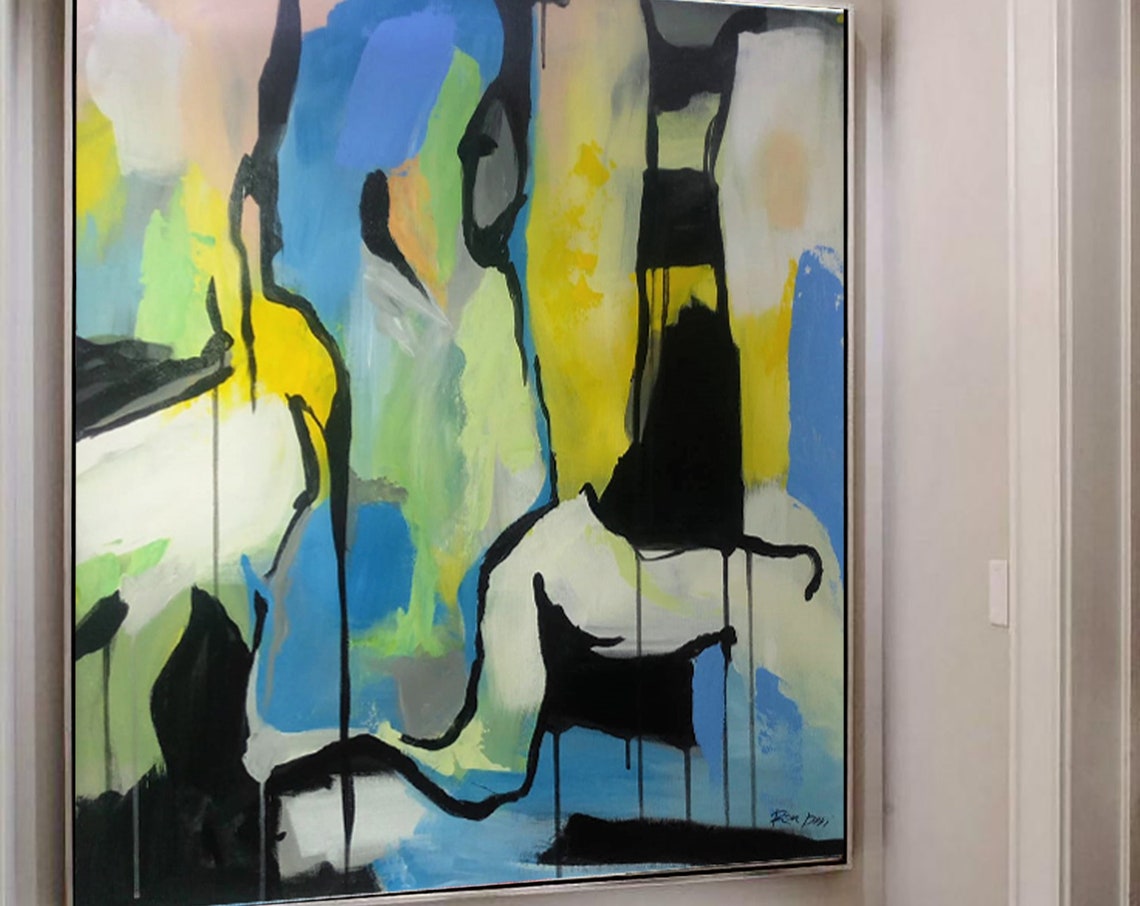 Extra Large Blue Green Yellow Abstract Brushstroke Art Poster - Image 2