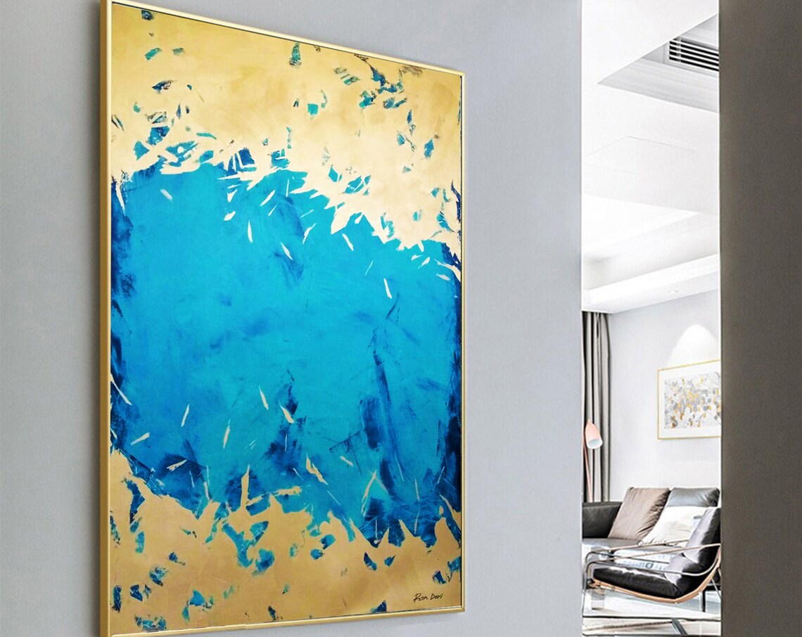 Energy Blue Minimalist Gold Painting, Abstract Art