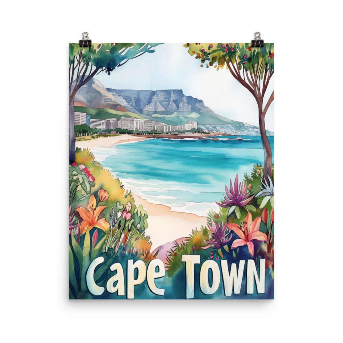 Cape Town Table Mountain Watercolor Poster With Vibrant Coastal Beach Scene