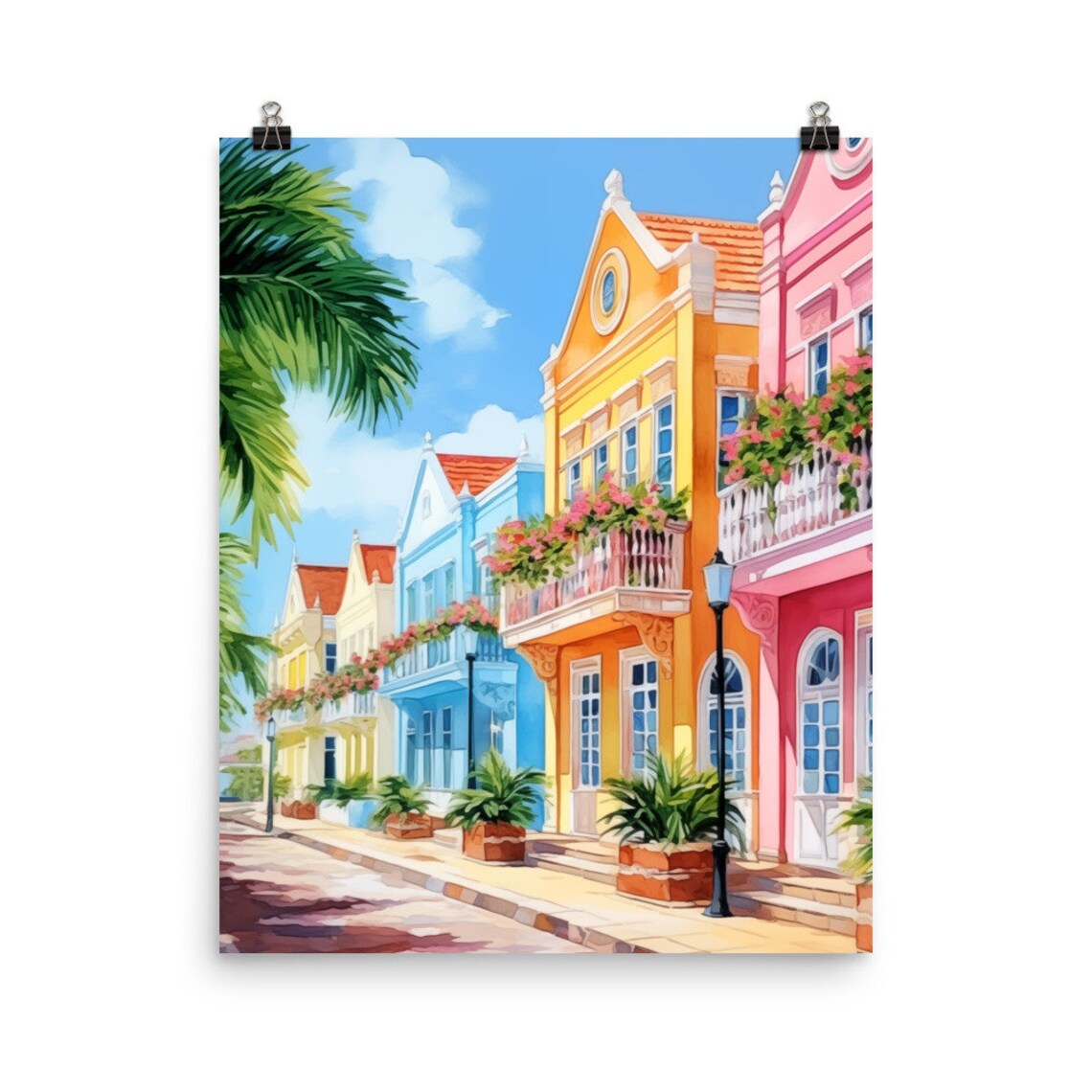 Oranjestad Watercolor Travel Poster, Caribbean Cityscape