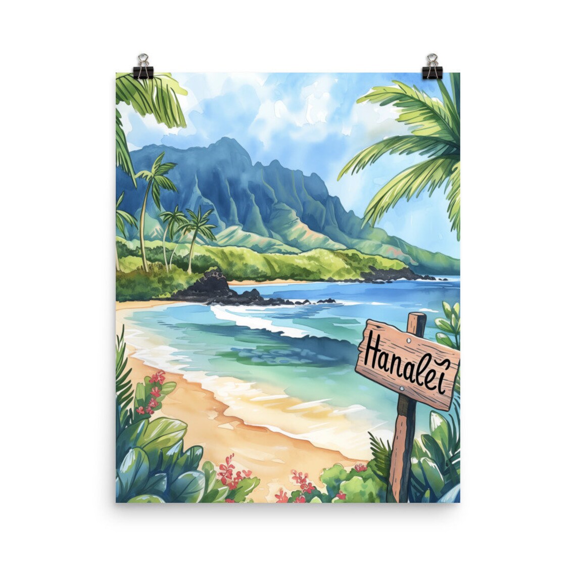 Hanalei Watercolor Travel Poster, Kauai Hawaii