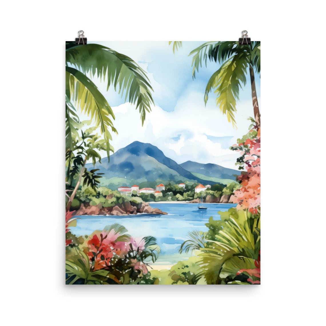 St Bart Watercolor Print, Caribbean Coastal Landscape