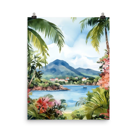 St Bart Watercolor Print, Caribbean Coastal Landscape