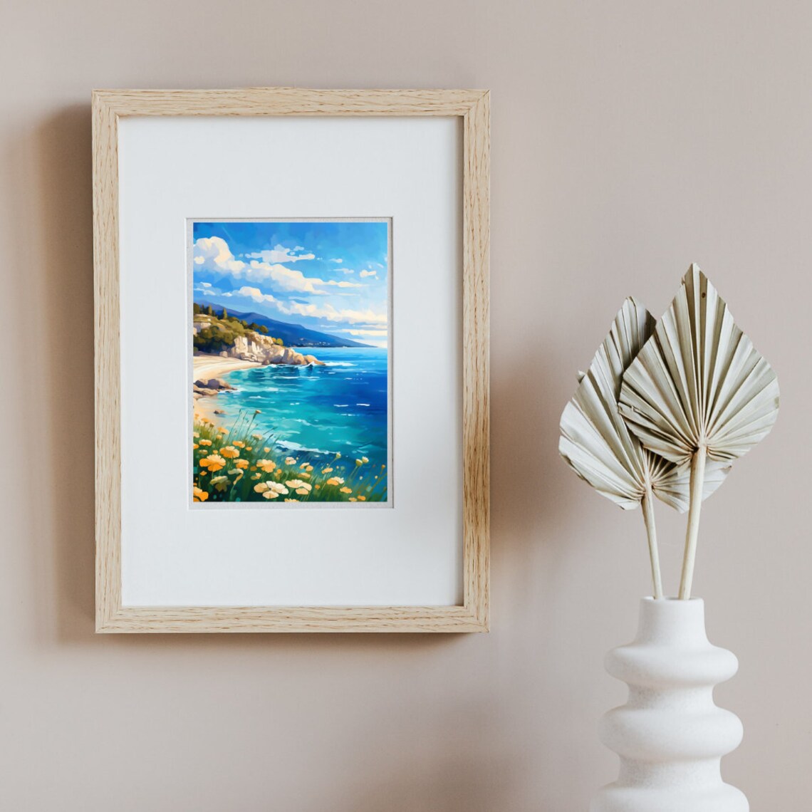 Thassos Turquoise Bay with Yellow Wildflowers Watercolor Poster - Image 2