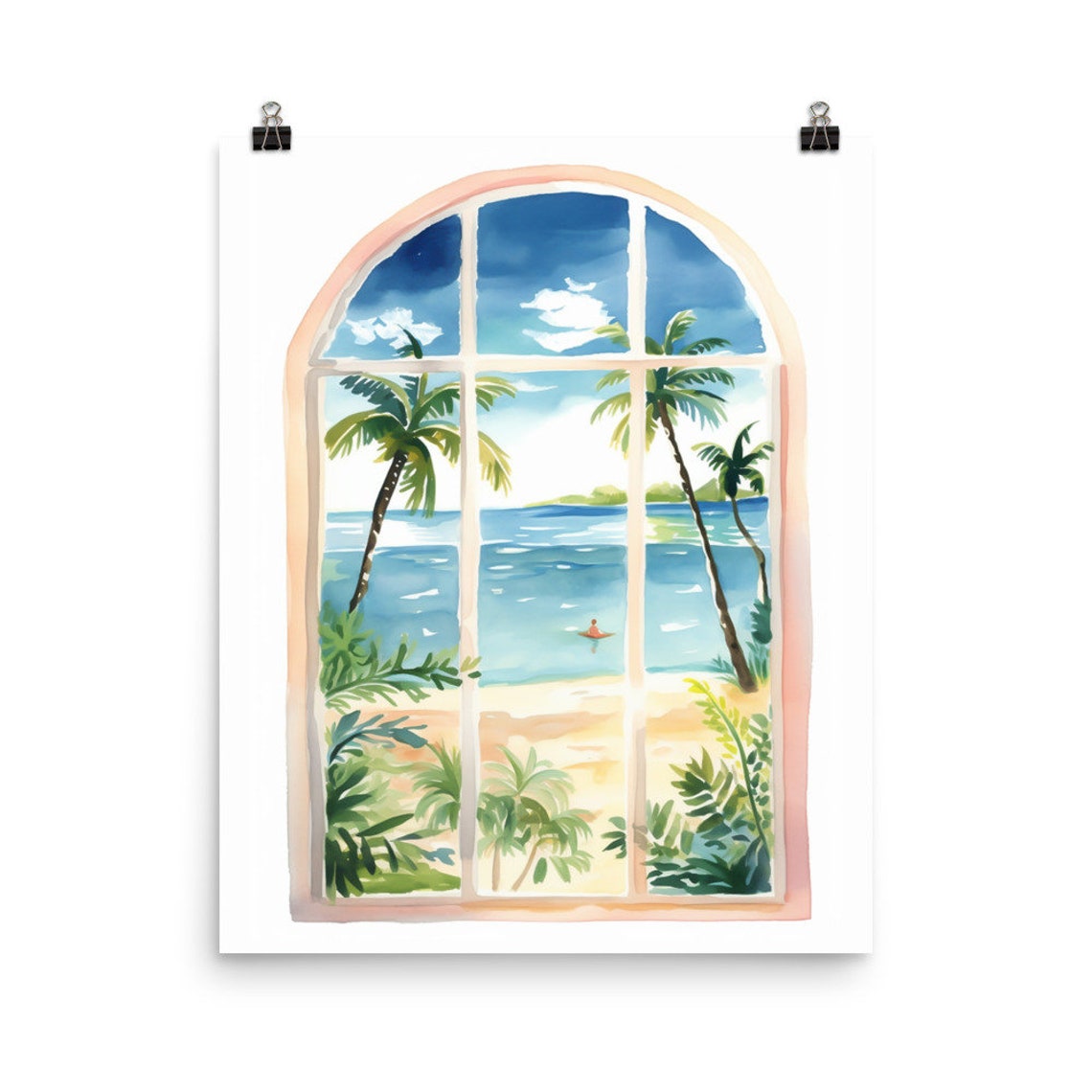 Arched Window Framing Tropical Beach Palms Ocean View Poster