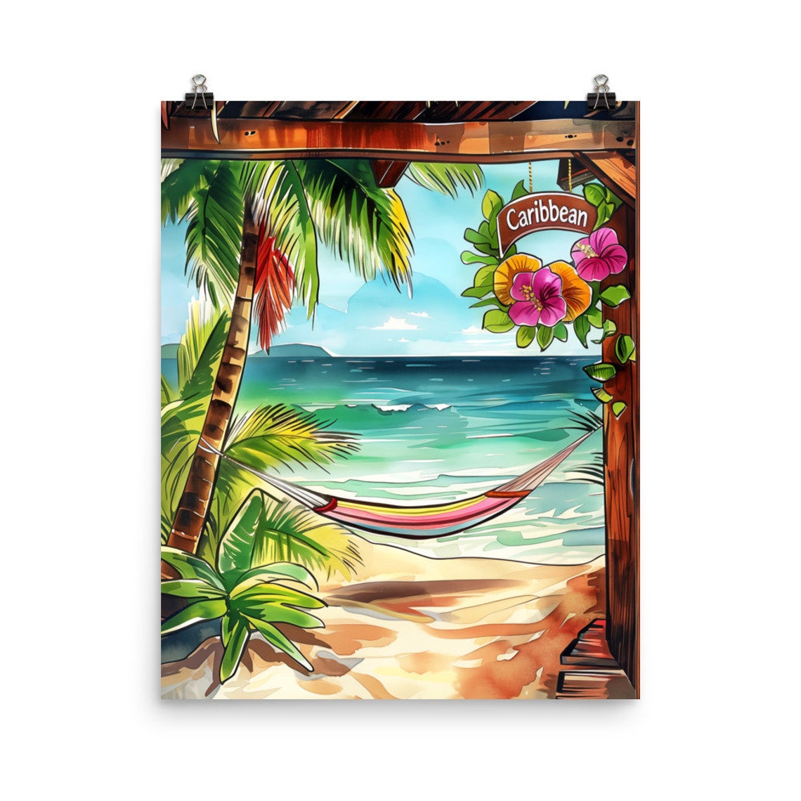Caribbean Beach Hammock Under Palm Trees Watercolor Island Poster