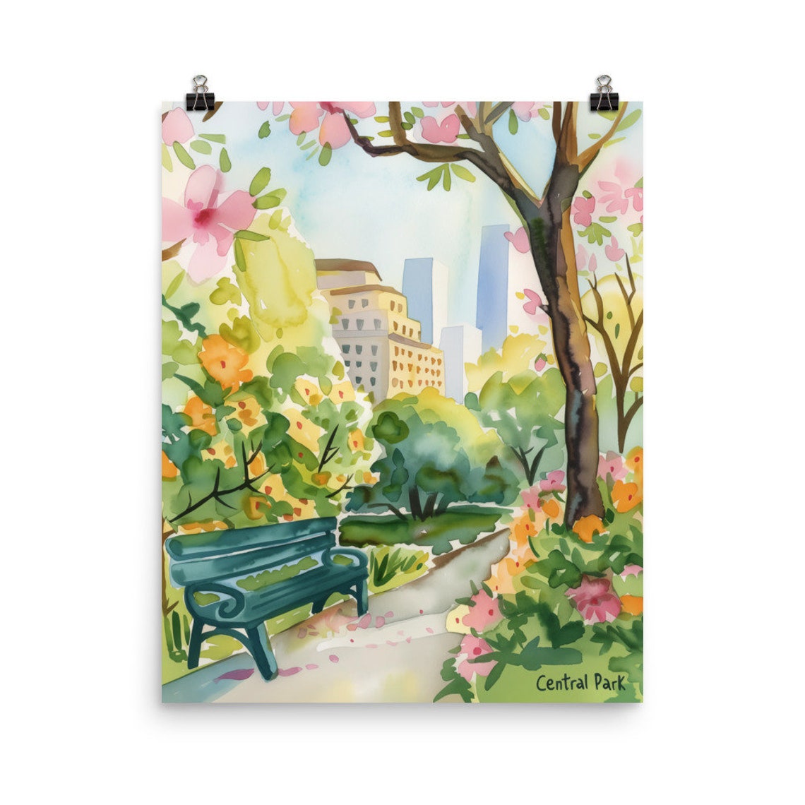 Central Park Spring Bench Blossom Garden Scene Watercolor Poster