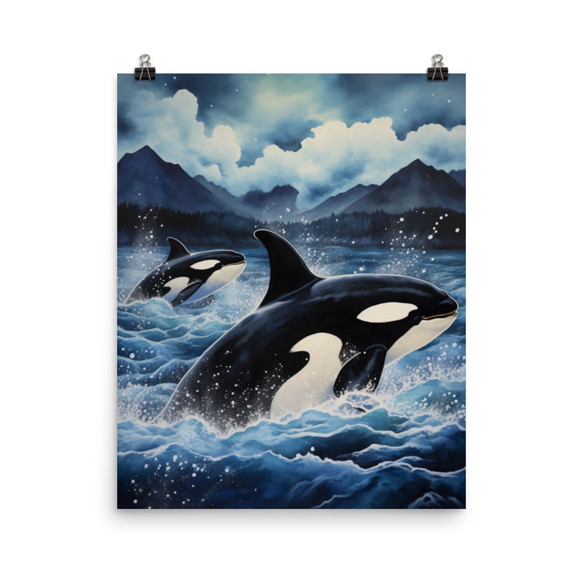 Orcas Breaching in a Moonlit Fjord with Mountains Watercolor Poster