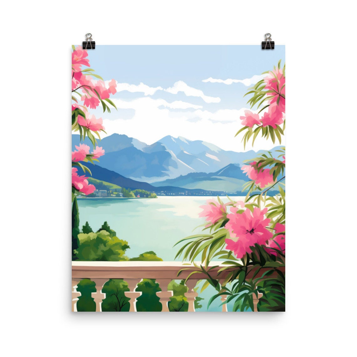 Lake Annecy Terrace View with Pink Flowers and Mountains Poster