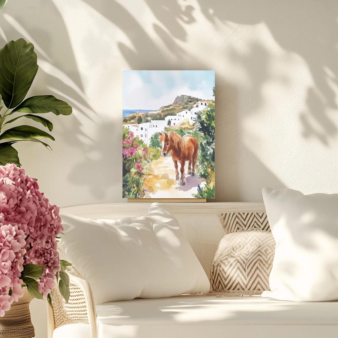 Chestnut Skyros Pony on Greek Village Path Watercolor Poster