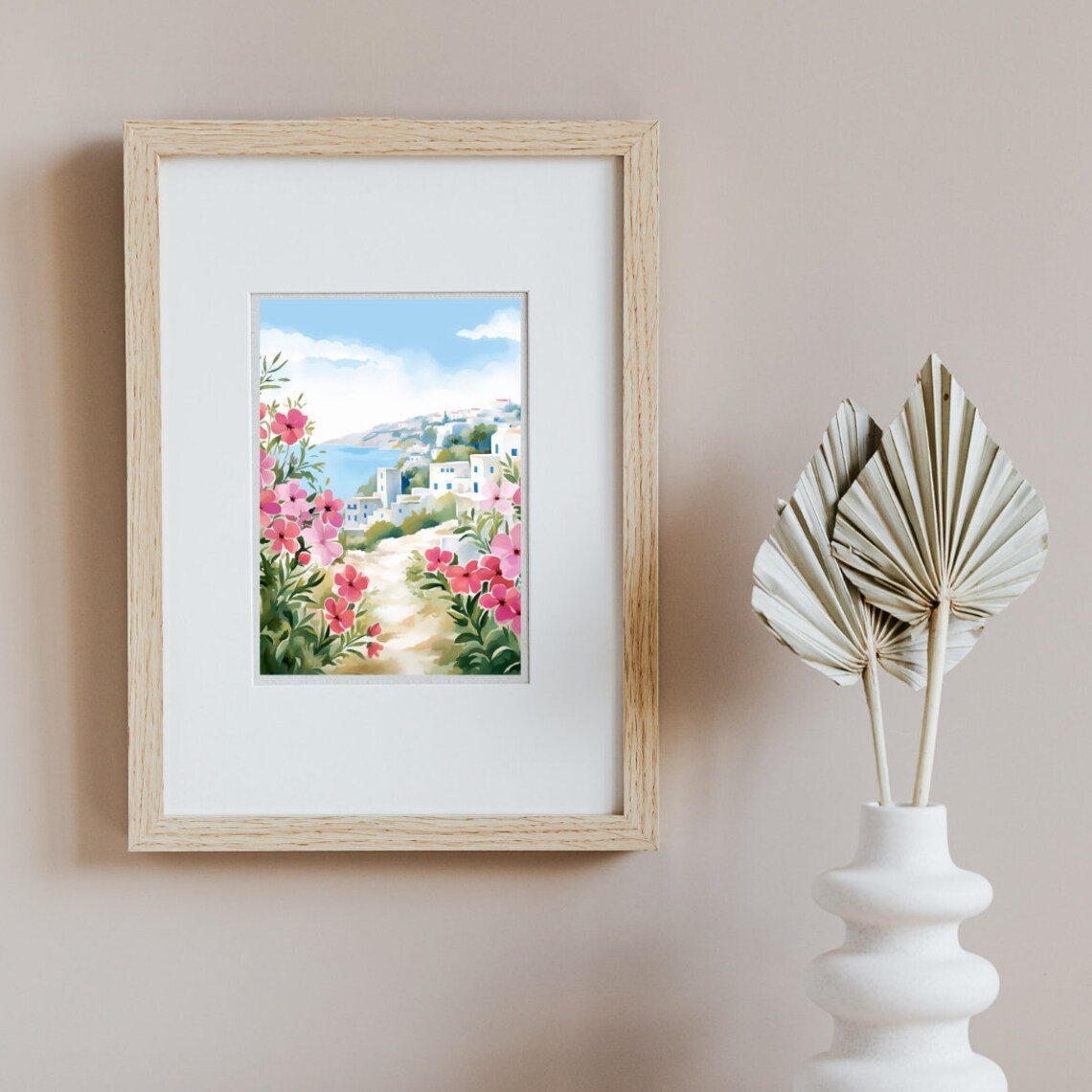 Sifnos Greek Village with Pink Flowers Coastal Watercolor Poster - Image 2
