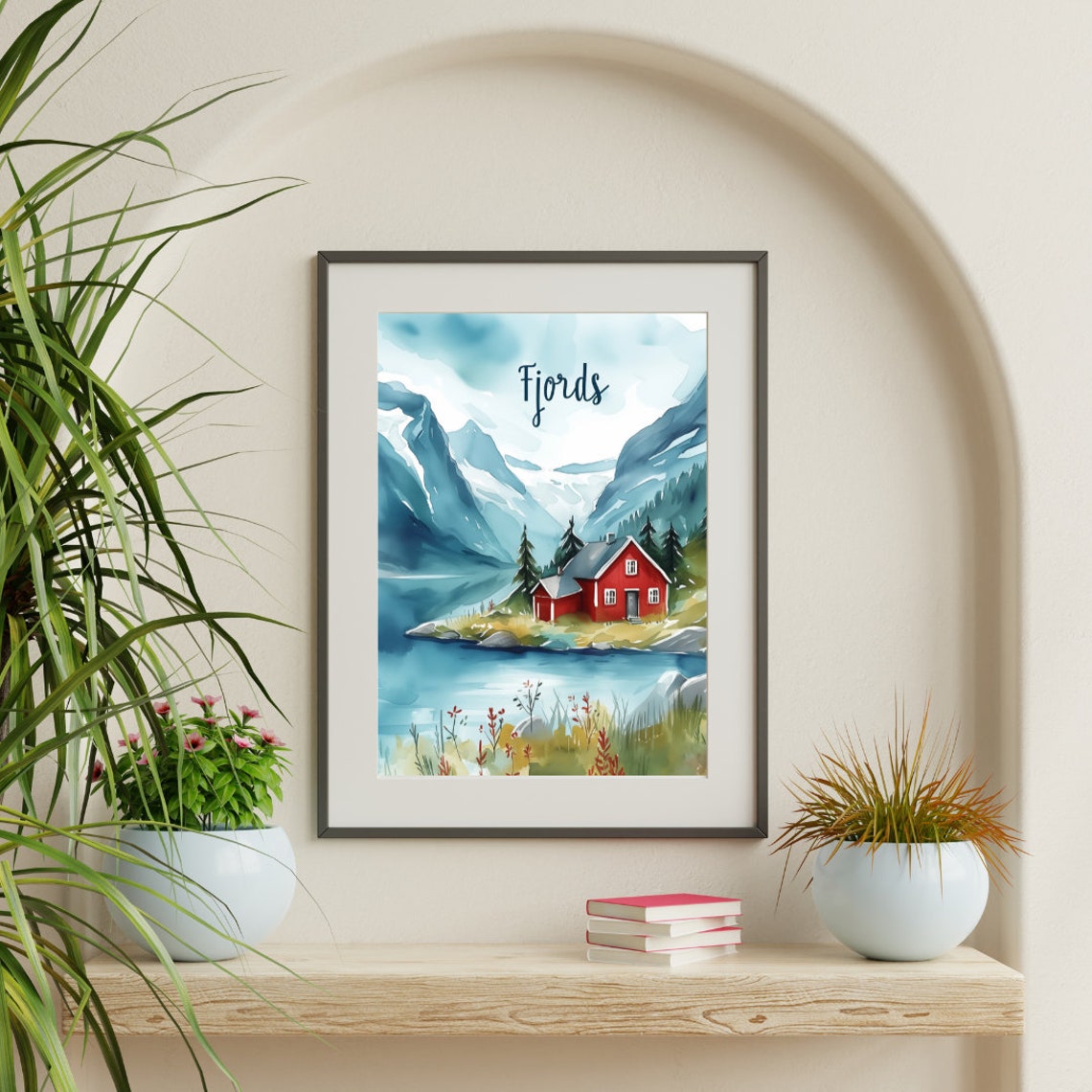 Fjords Red Lakeside Cabin Beneath the Snowy Peaks Travel Poster - Image 3