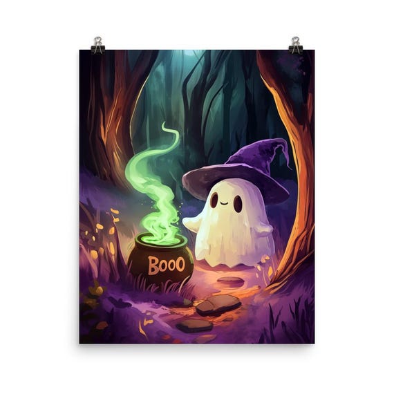 Cute Brewing A Potion Watercolor Print Halloween Wall Art Boo Poster Magical Forest Decor Spooky Artwork Gift Cauldron