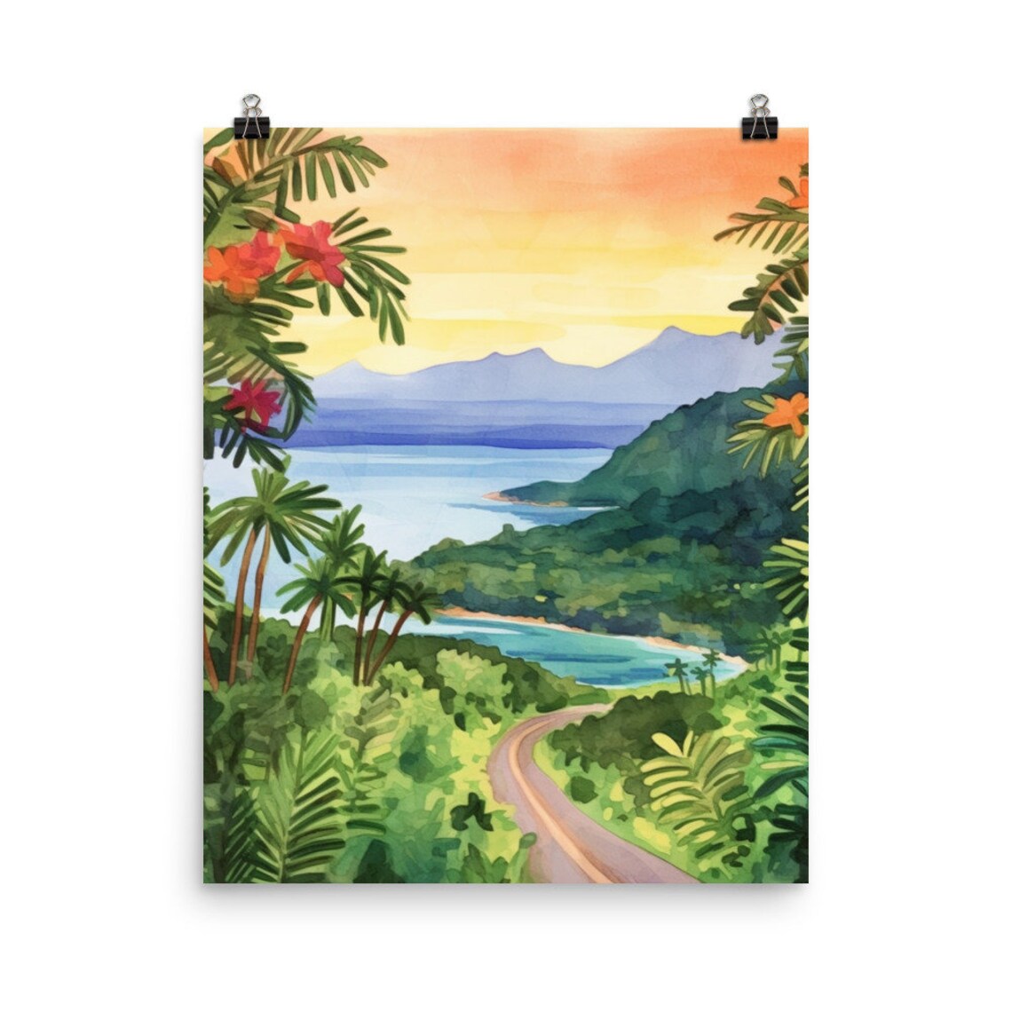 Road To Hana Maui Hawaii Travel Poster, Coastal Watercolor