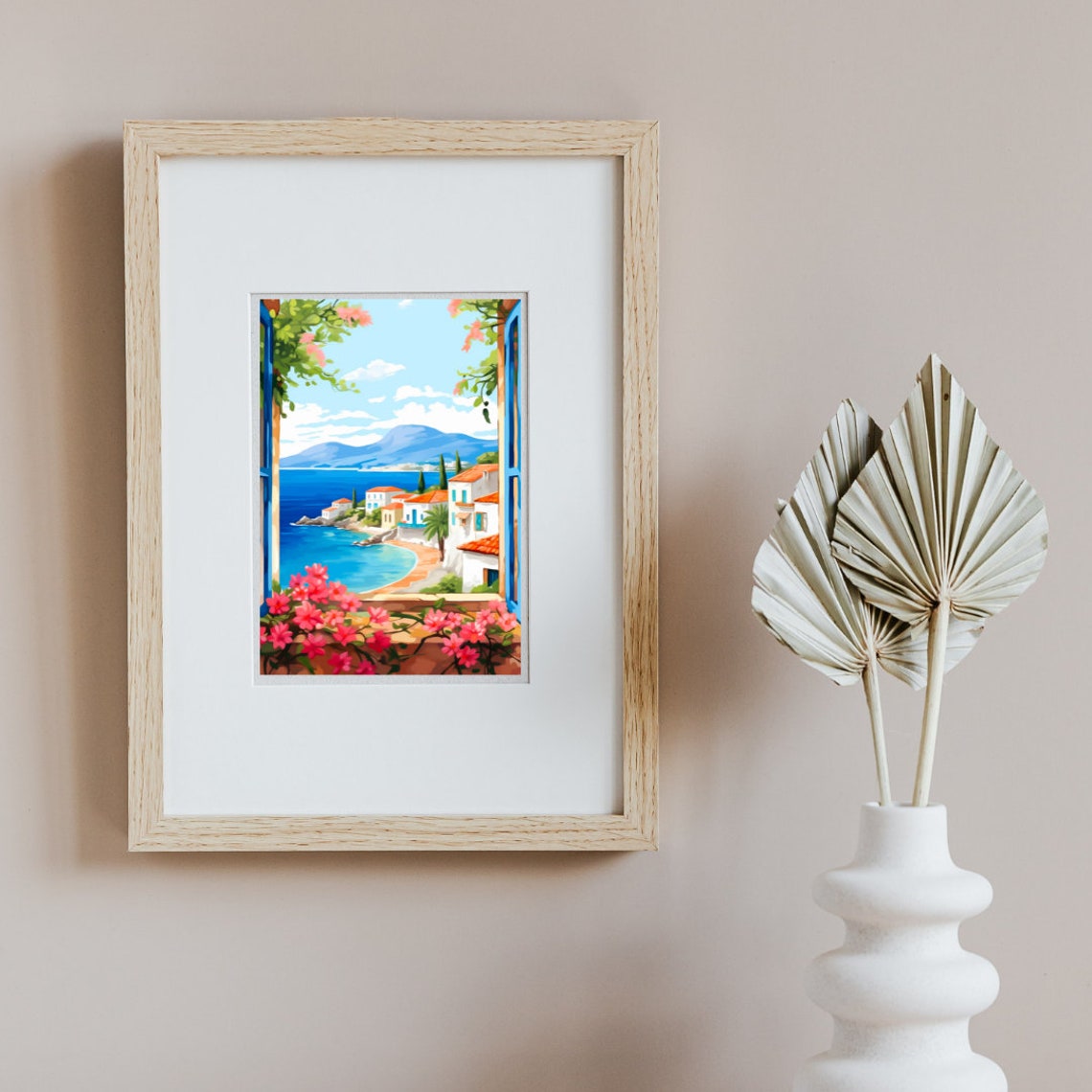 Lefkada Blue Shutter Coastal Village Sea View Watercolor Poster - Image 2