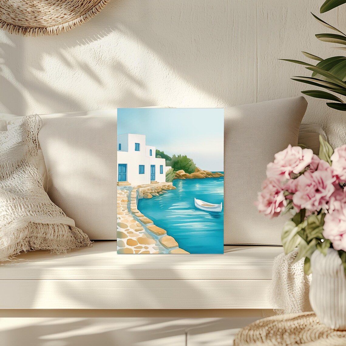Greek Island White House Blue Doors Turquoise Bay Watercolor Poster