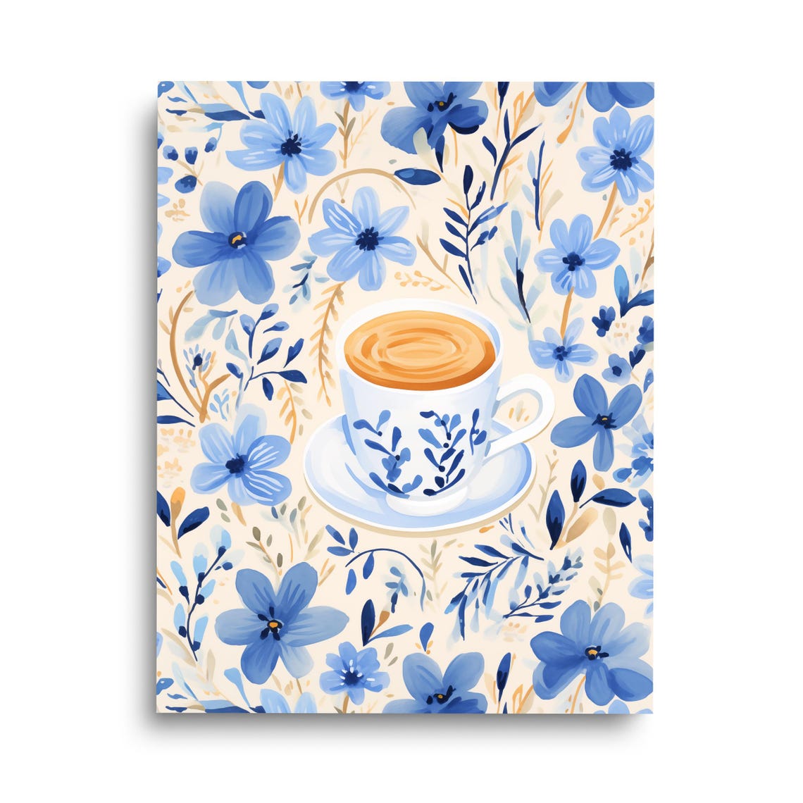 Blue Floral Coffee Cup Watercolor Botanical Kitchen Art Poster
