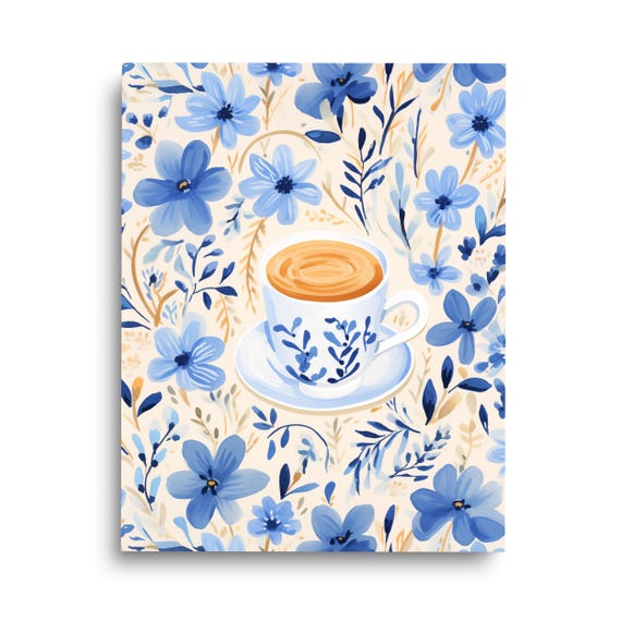 Grandmas Coffee Watercolor Print Cup Wall Art Blue Floral Decor Coffeeshop Poster Trendy Lovers Gift