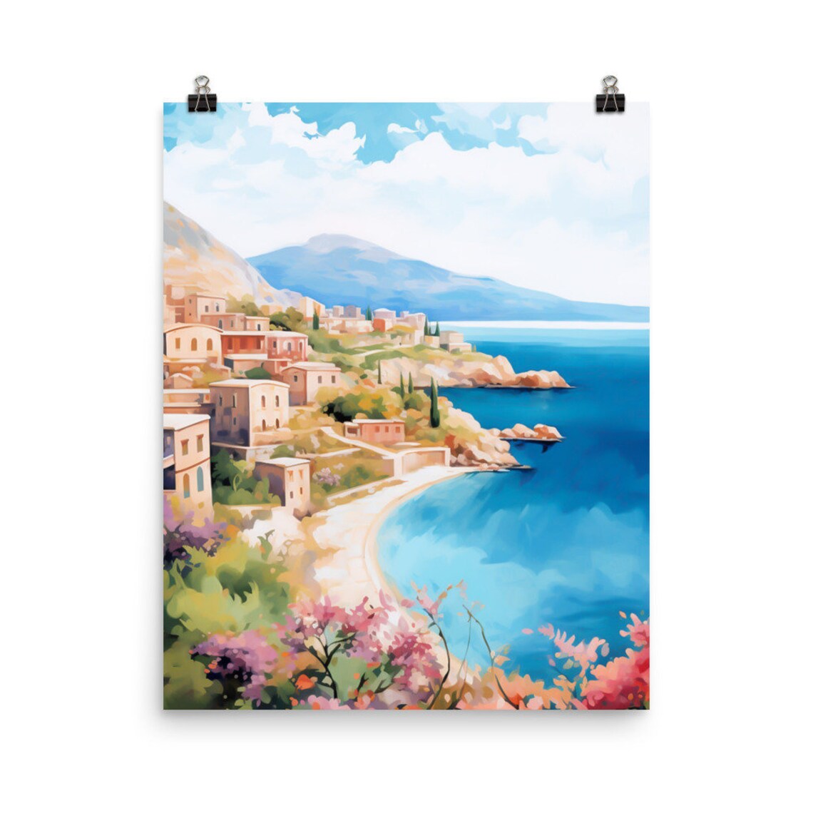 Rhodes Hillside Old Town on the Deep Blue Sea Watercolor Poster