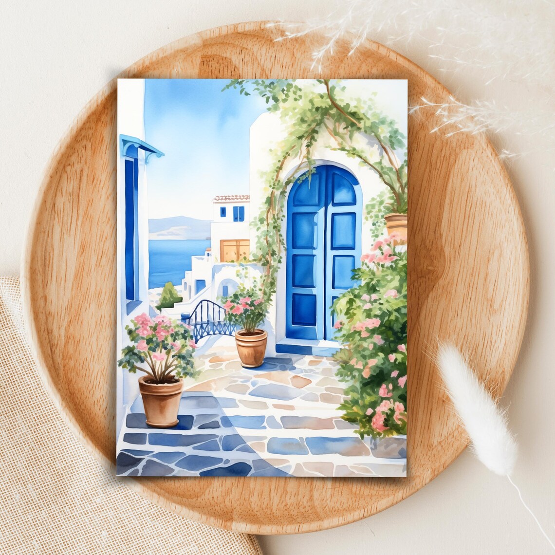Santorini Greek Door Watercolor Art Print, Coastal Greece - Image 2