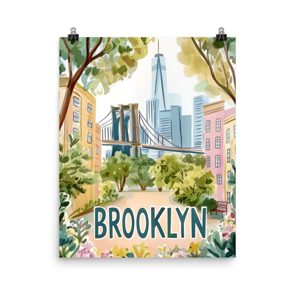 Brooklyn Bridge and Freedom Tower Above a Floral Street Poster