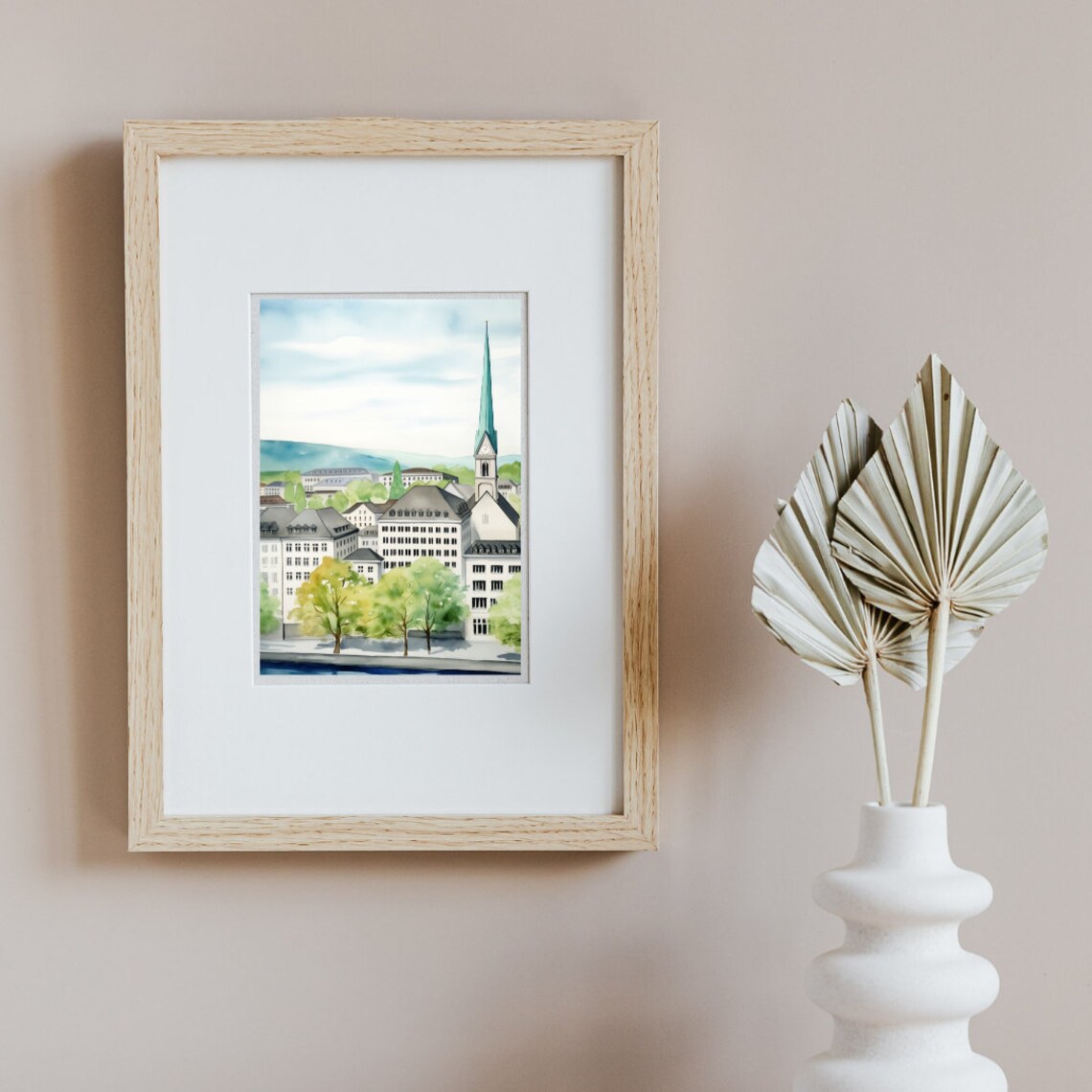 Zurich Old Town Church Spire Cityscape in Soft Daylight Watercolor Poster - Image 2