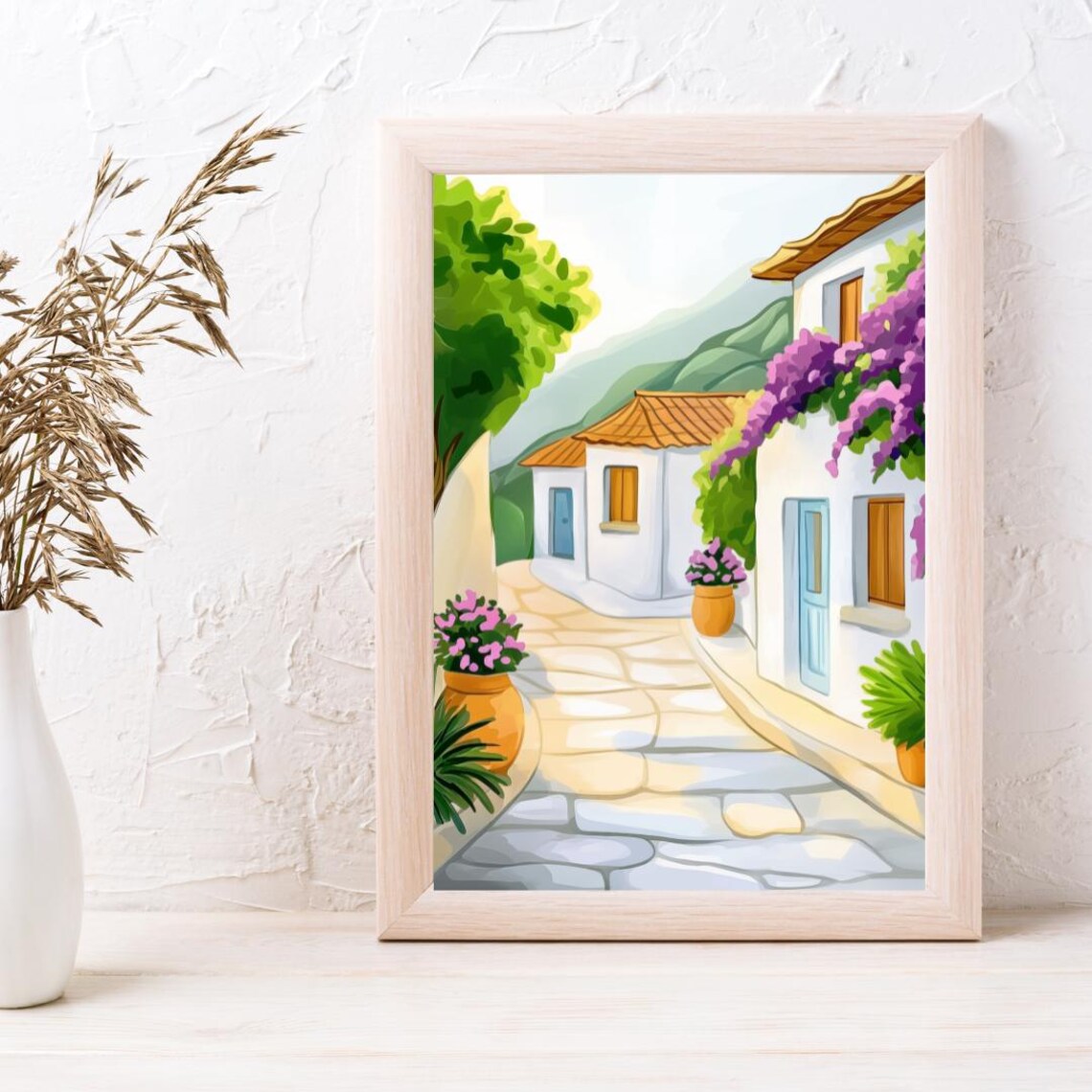 Hydra Whitewashed Alley with Bougainvillea Watercolor Poster - Image 3
