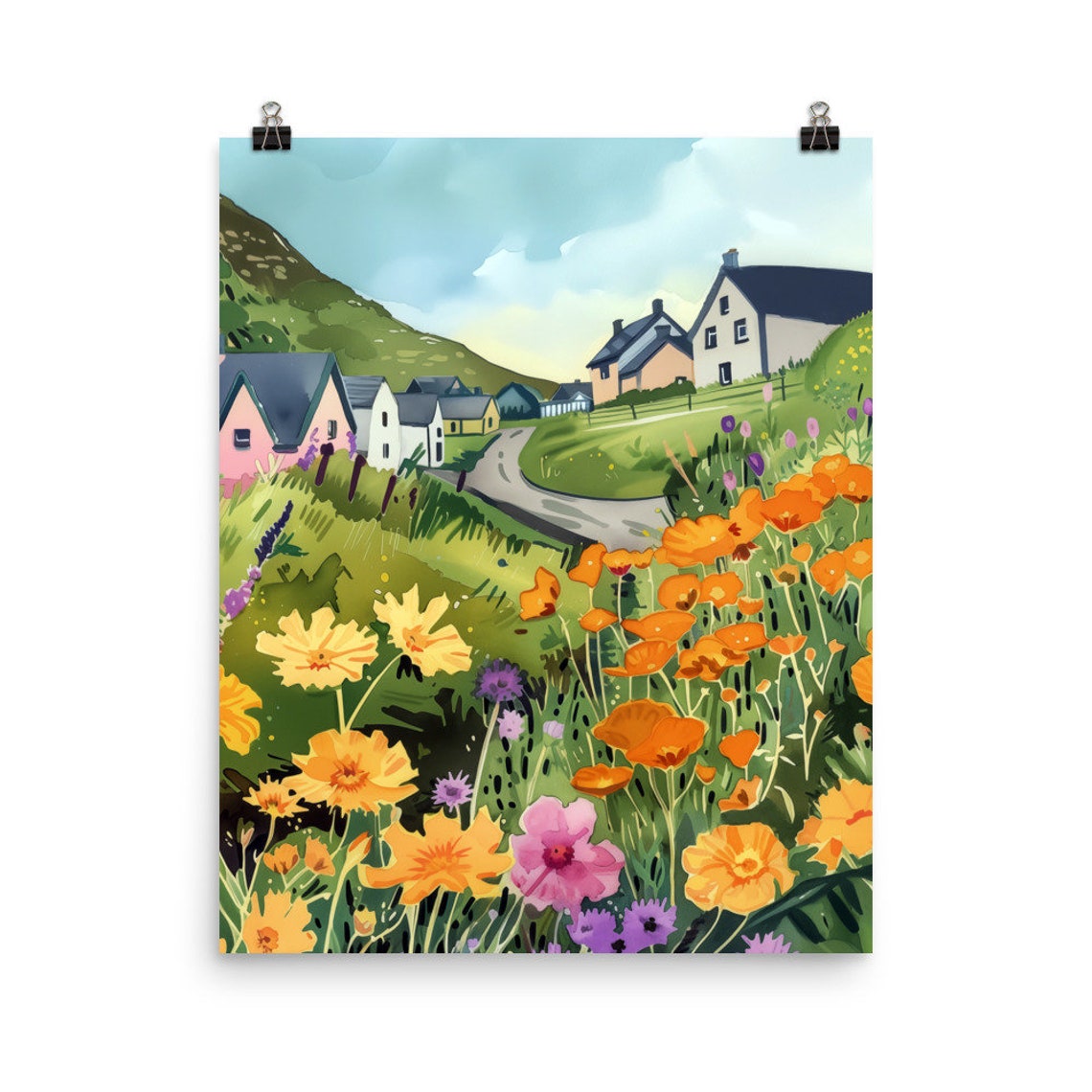 Doolin Ireland Village in Wildflower Hills Watercolor Poster