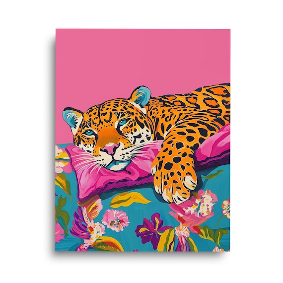 Sleeping Maximalist Leopard Print Retro Wildlife Art Spotted Cat Big Poster Pink Feline Animal Nursery Decor Dorm Room