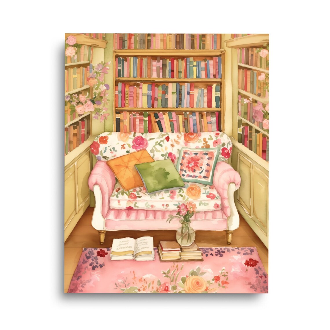 Retro Bookshelf Watercolor Print, Cozy Living Room Decor