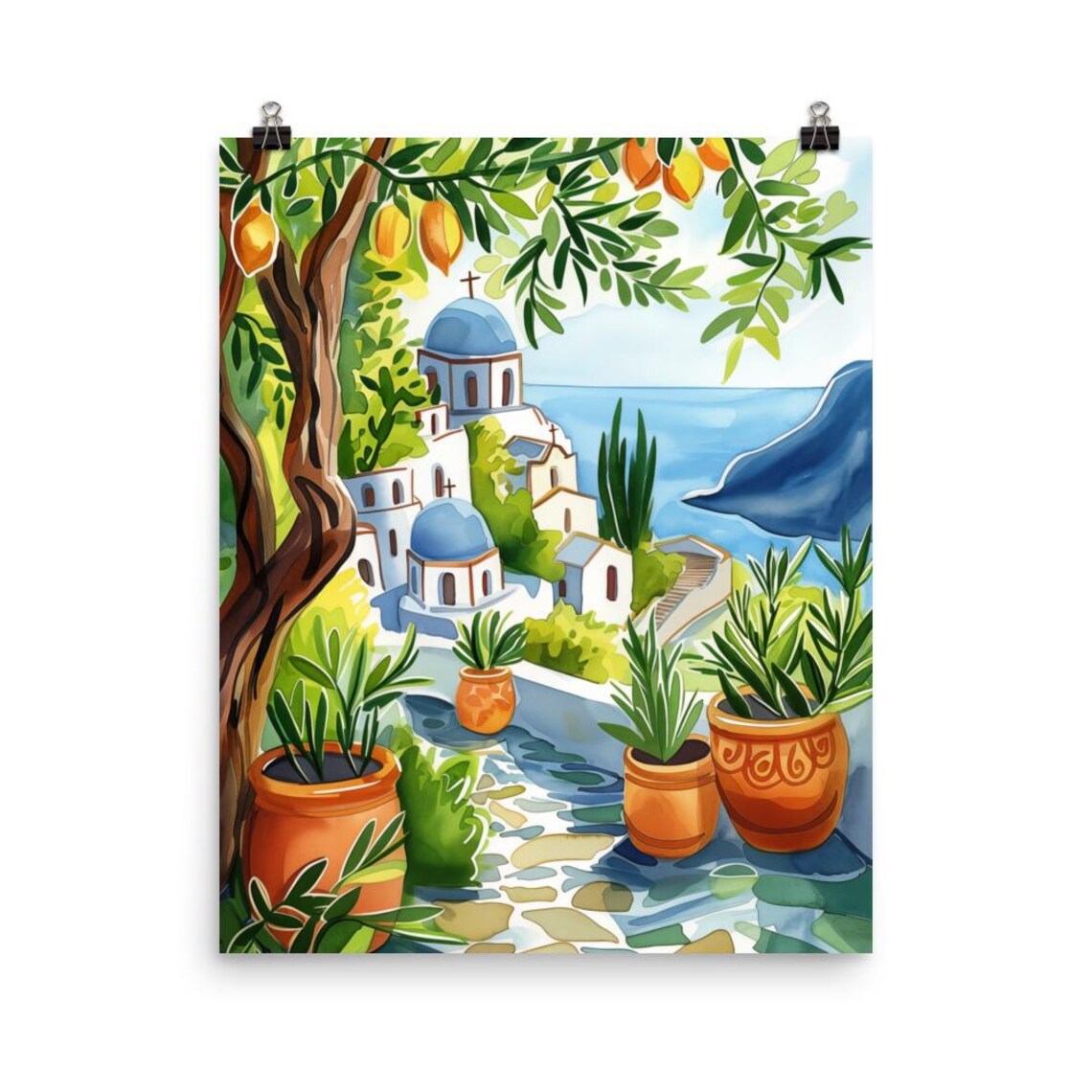 Greek Island Blue Domes with Lemon Tree Watercolor Travel Poster