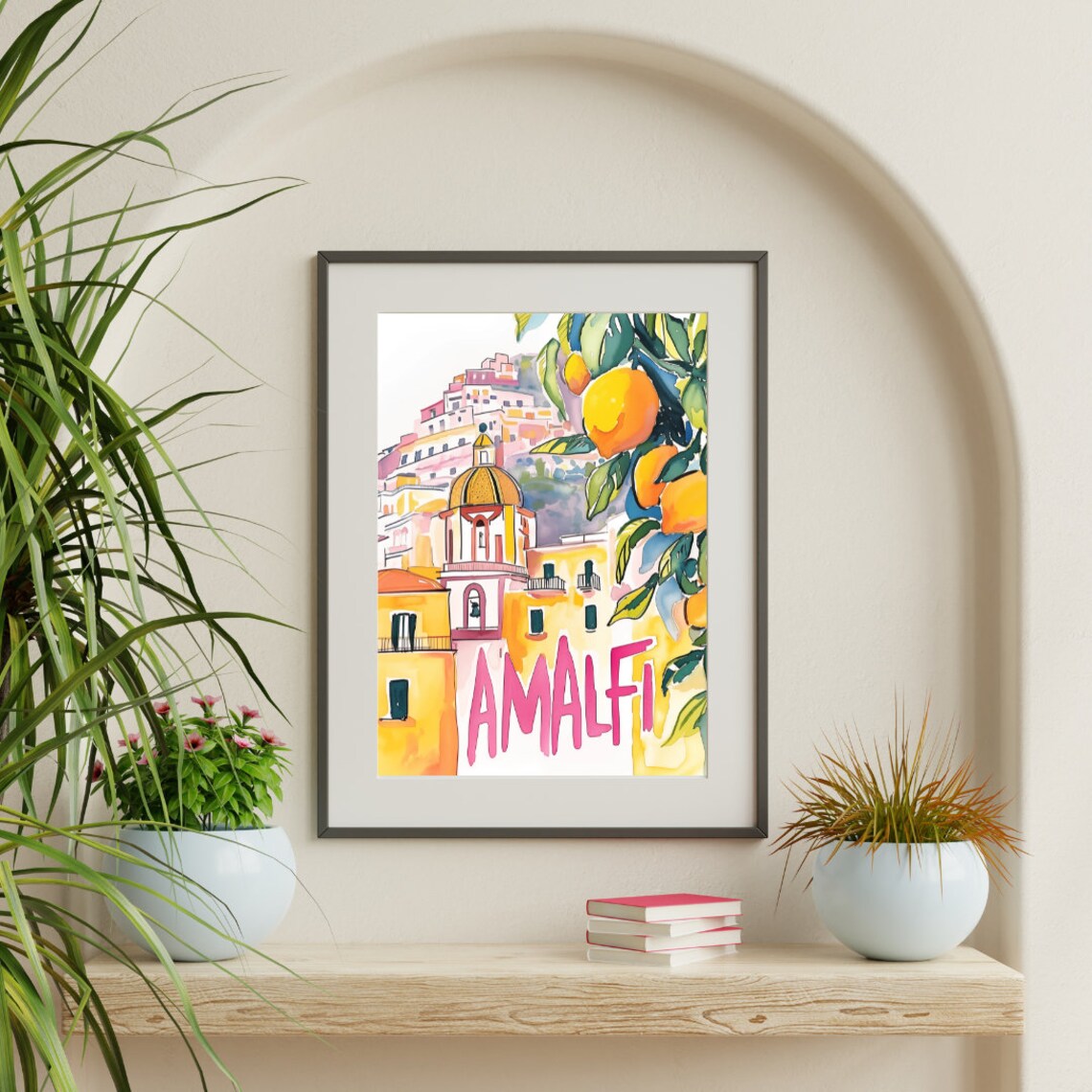 Amalfi Lemons Hill Town Church Pink Lettering Travel Watercolor Poster - Image 3