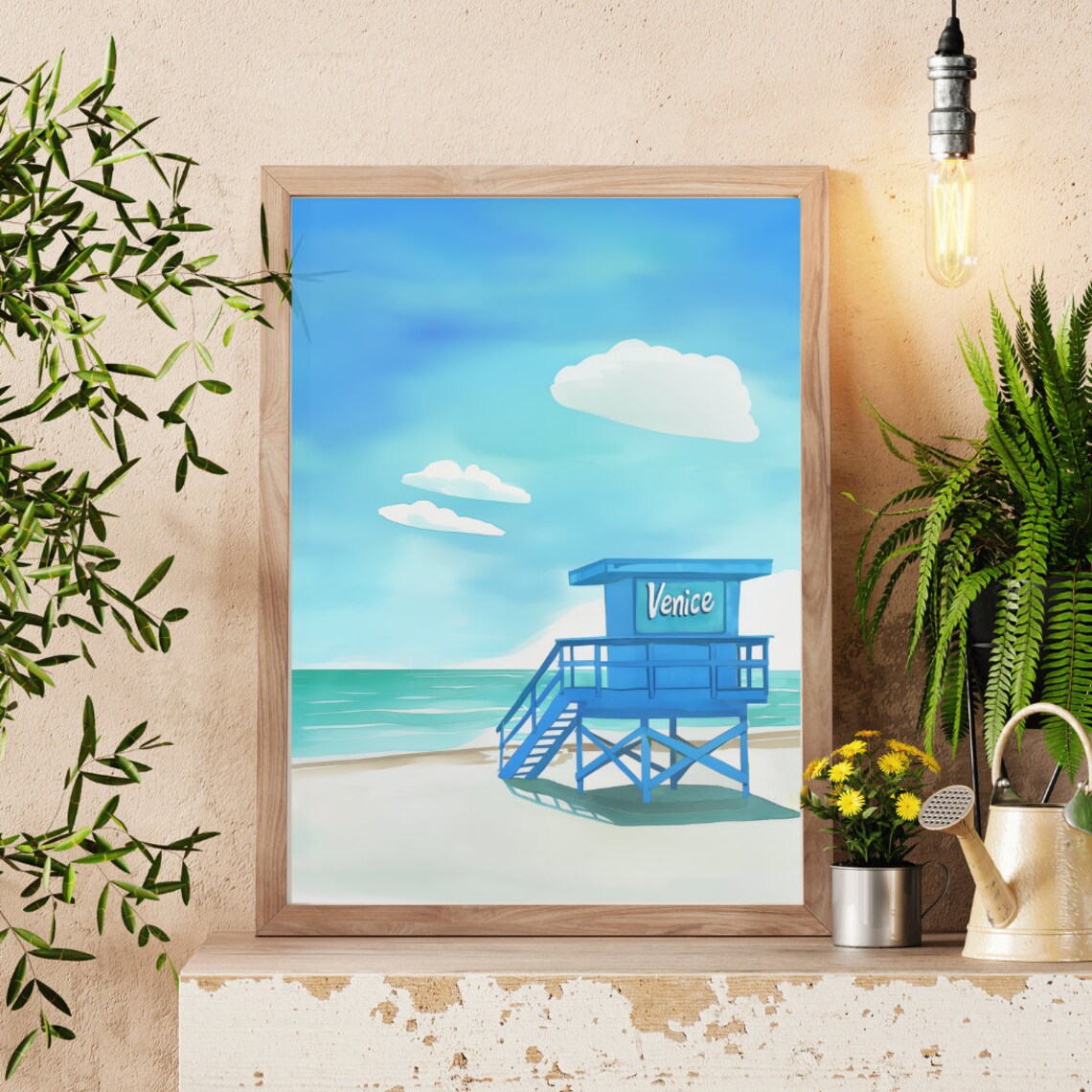 Venice Blue Lifeguard Tower White Sand Beach Watercolor Poster - Image 3