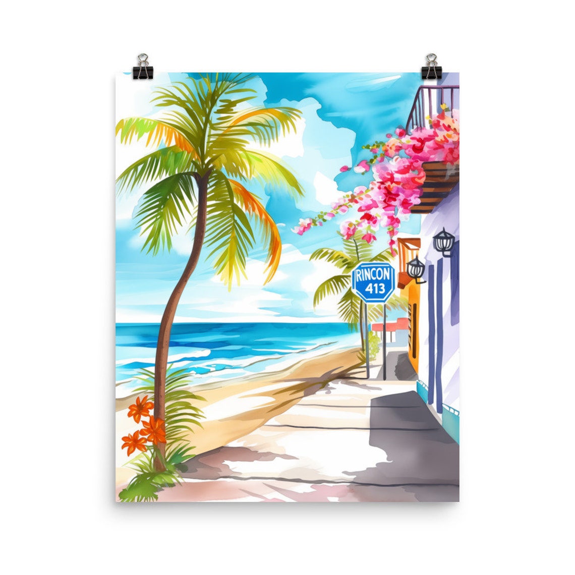 Rincon Puerto Rico Beach Watercolor Palms Caribbean Scene Poster