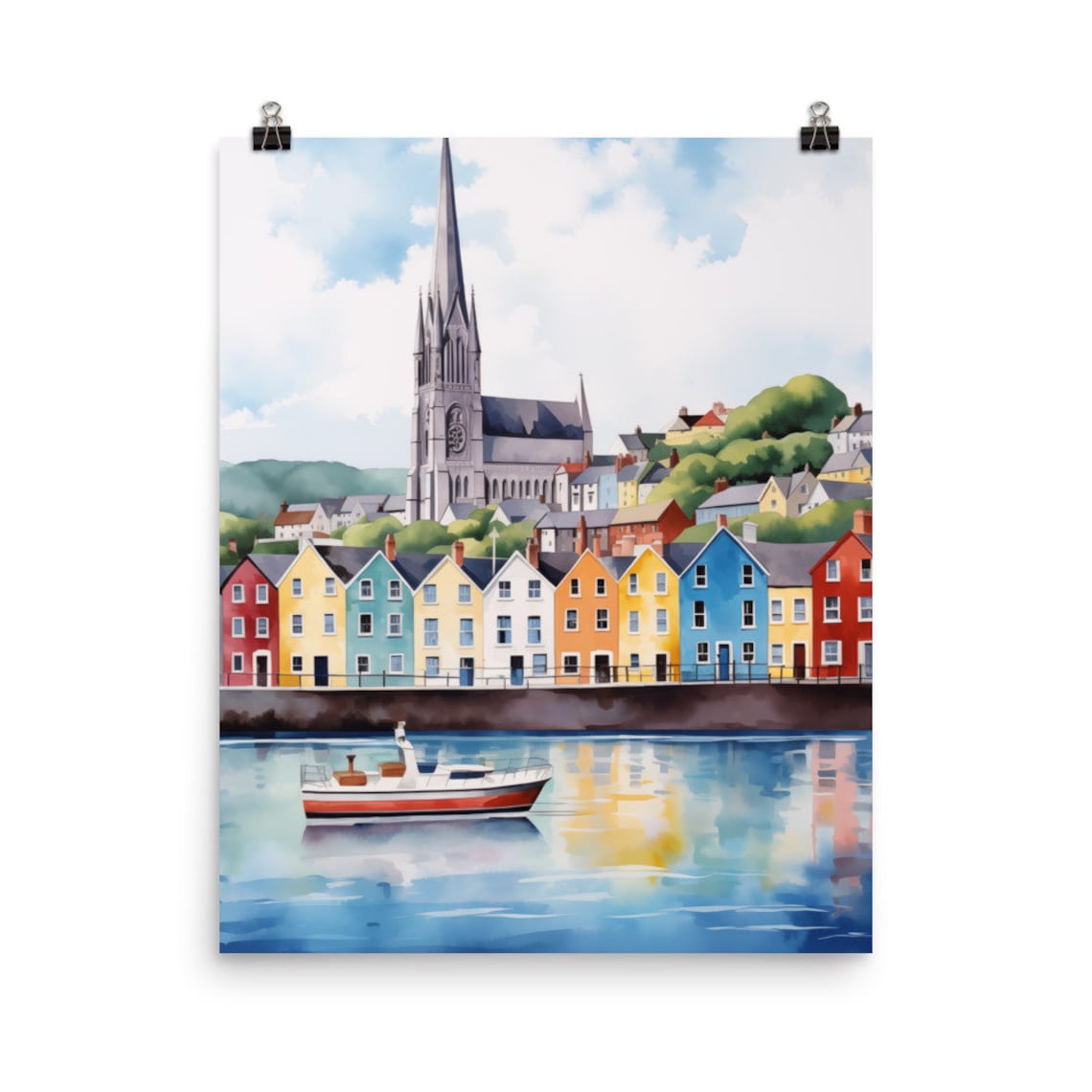 Cobh Watercolor Ireland Harbor Coastal Cityscape Travel Poster