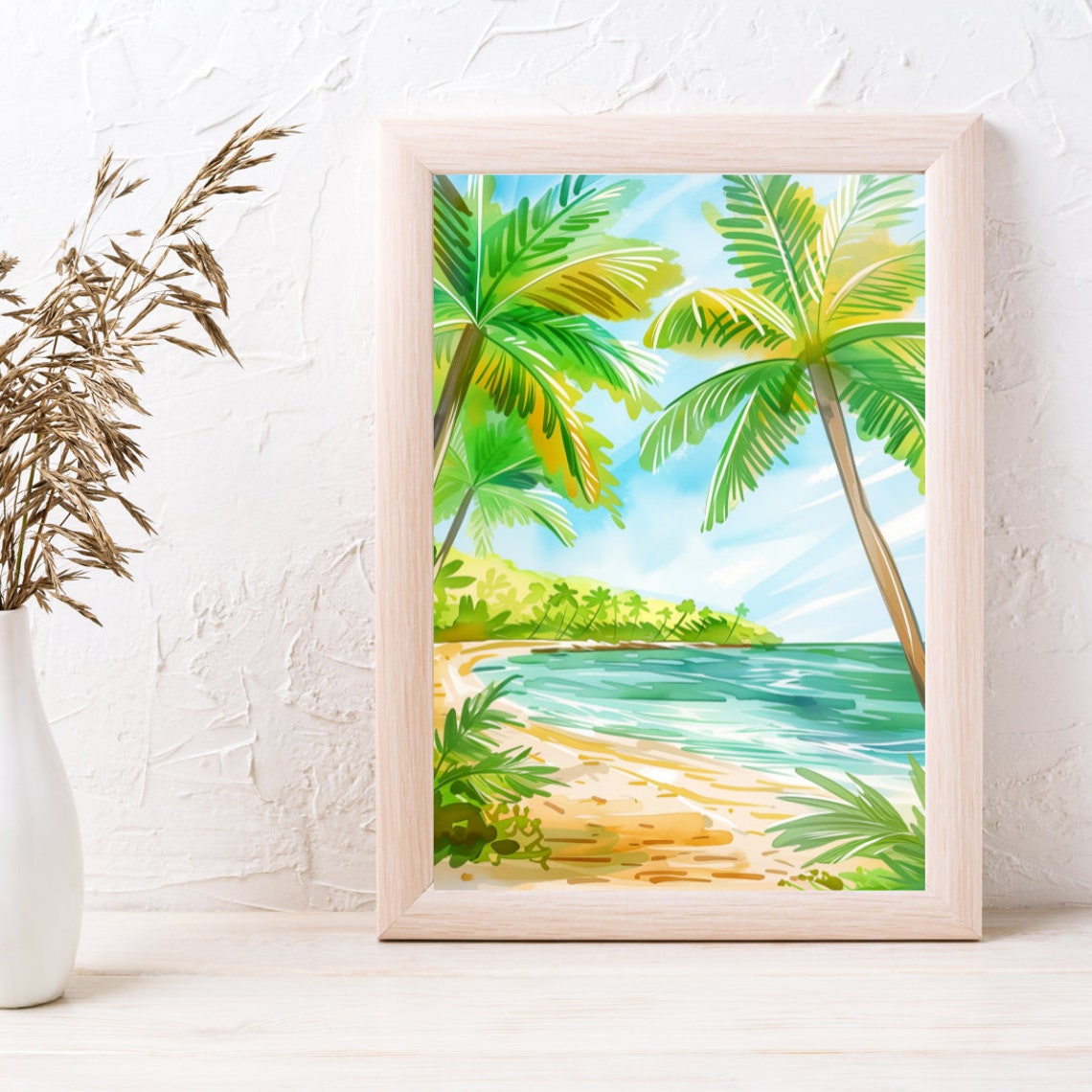 Tropical Florida Keys Beach Framed by Palm Trees Watercolor Poster - Image 3