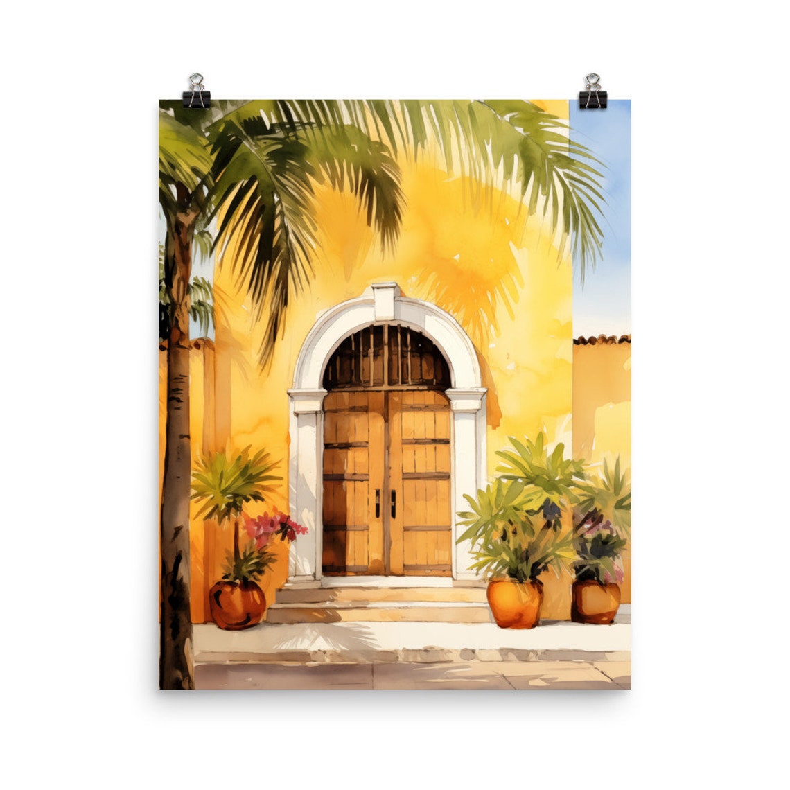 Izamal Yellow Colonial Door With Palm and Potted Plants Poster