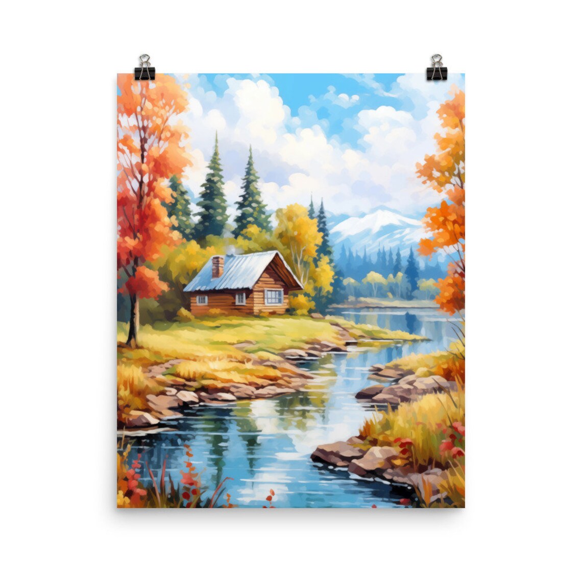 Carpathian Mountains Log Cabin Autumn Lake Watercolor Travel Poster