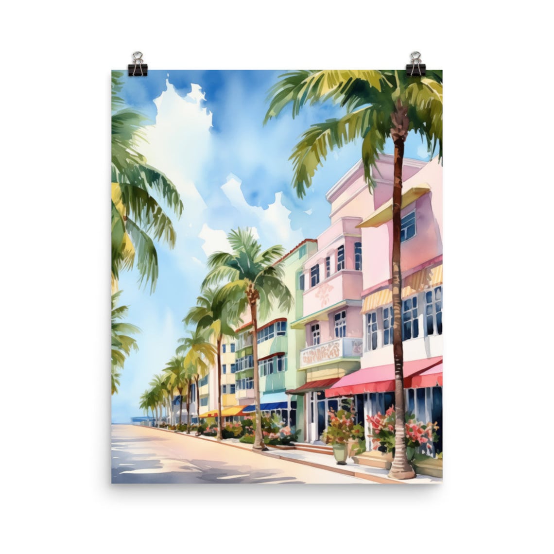 Ocean Drive Watercolor Travel Poster, Miami Cityscape
