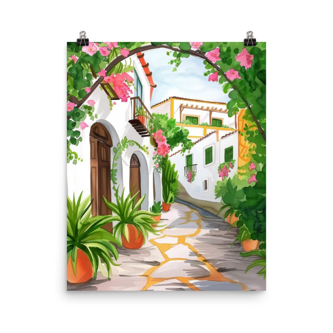Gran Canaria Spanish Street Bougainvillea Watercolor Travel Poster