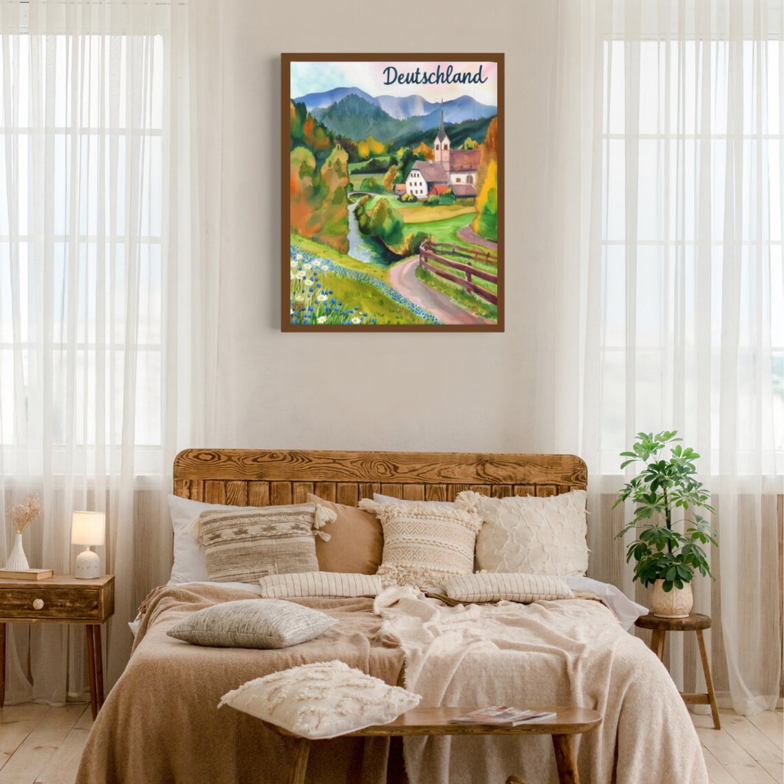 Deutschland Alpine Village Church by the River Watercolor Poster - Image 3