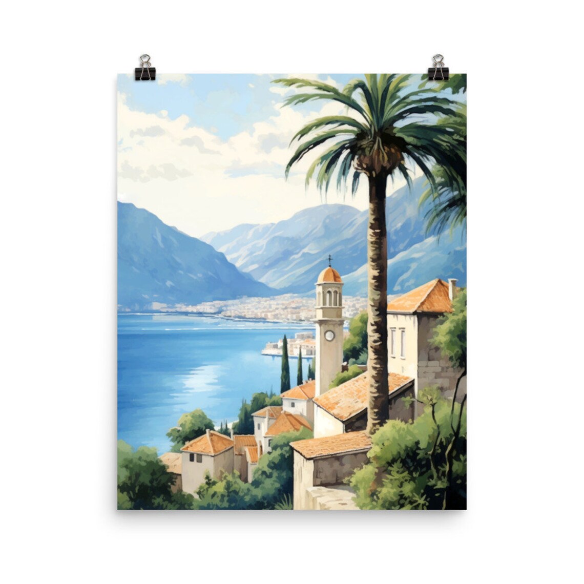 Kotor Bay Montenegro Palm Church Tower Scene Watercolor Poster