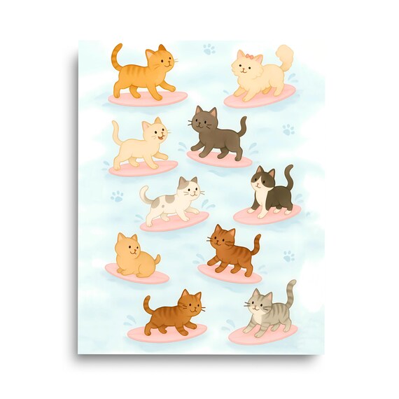 Cute Cats Riding Pink Surfboards Watercolor Kitten Art Poster
