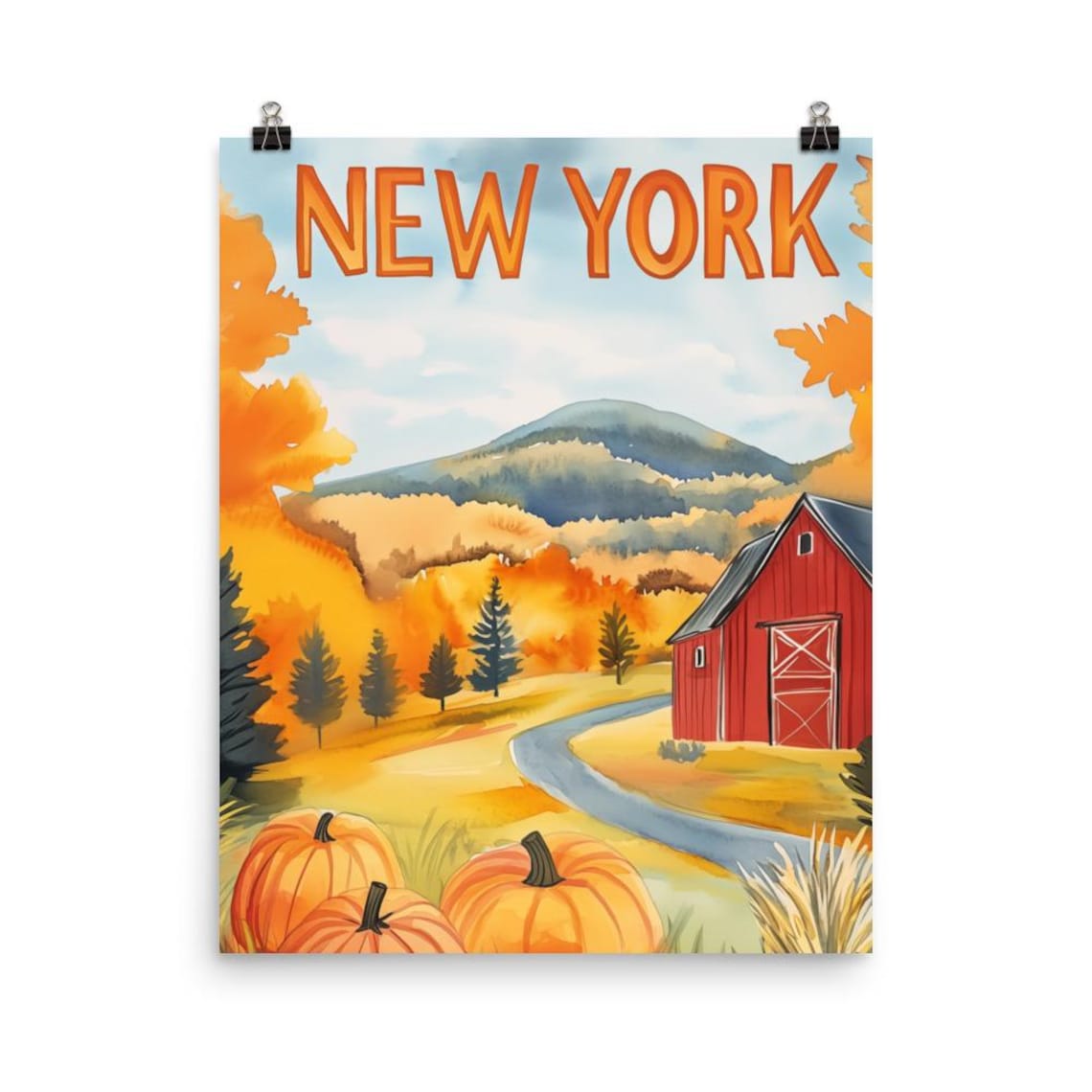 New York Autumn Countryside With Red Barn Pumpkins Travel Poster