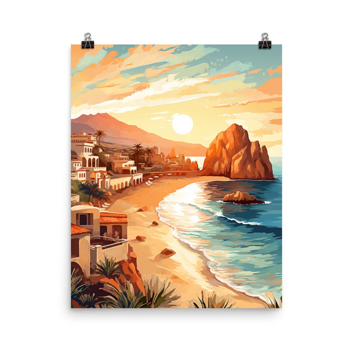 Cabo San Lucas Beach With Red Rocks and Whitewashed Town Poster