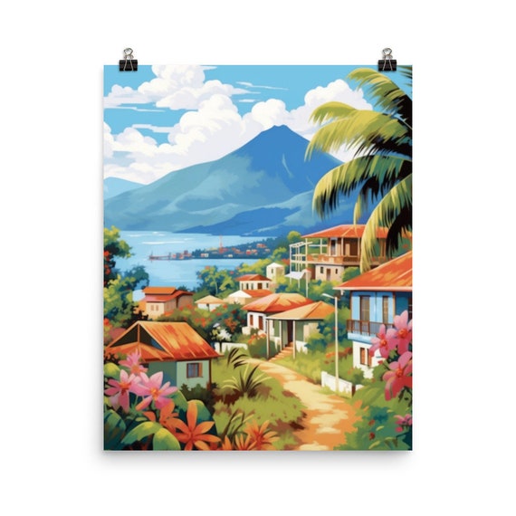 Pointeapitre Watercolor Print Guadeloupe Travel Gift Tropical Paradise Decor Caribbean Island Wall Art Azure Water Coastal Town