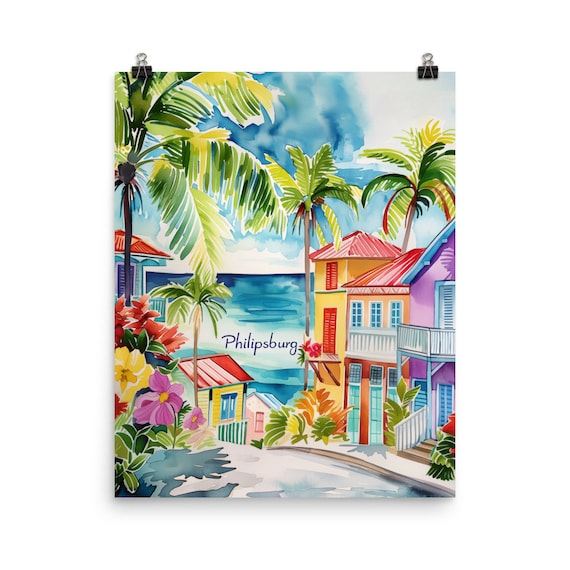 Philipsburg Colorful Caribbean Street Palm Trees Watercolor Travel Poster