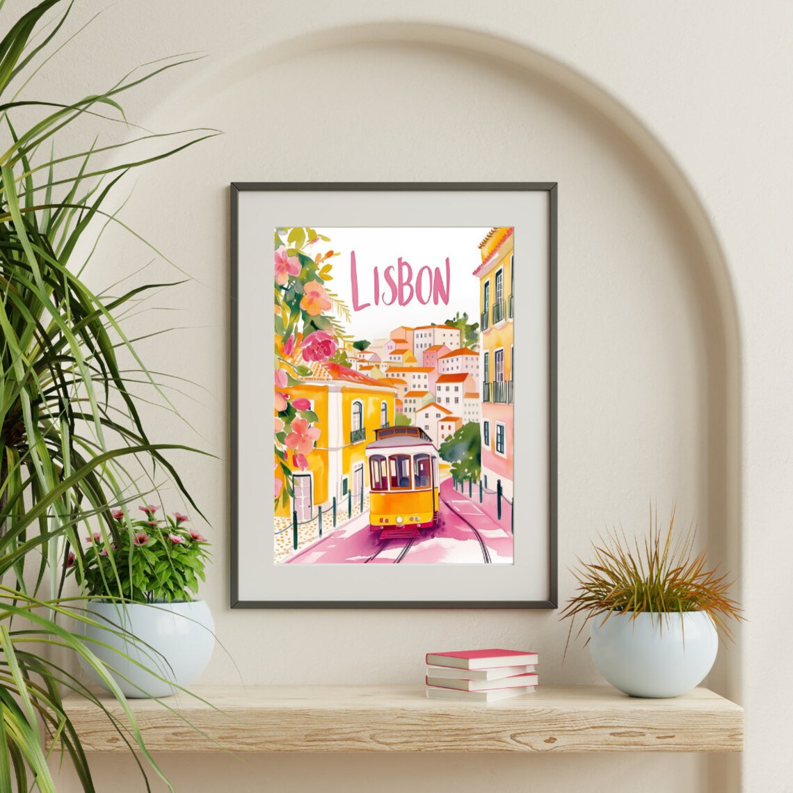 Lisbon Yellow Tram Poster with Alfama Houses and Pink Flowers - Image 3